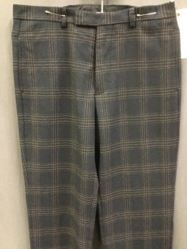 Mens, Slacks, CLUB MONACO, Navy Blue, Olive Green, Brown, Wool, Plaid, 34, 32, Flat Front, Button Tab, Belt Loops, 4 Pockets, Thick and Kind of Scratchy
