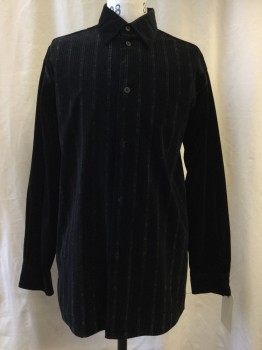 PRONTI, Black, Charcoal Gray, Polyester, Stripes, Velvet Like Texture, Button Front, Collar Attached, Ribbed Long Sleeves,