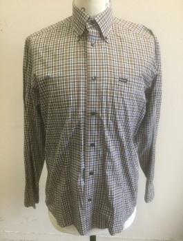 FACONNABLE, Brown, Lt Brown, White, Lt Blue, Cotton, Plaid, Long Sleeve Button Front, Collar Attached, Button Down Collar