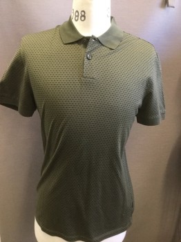 BOSS, Olive Green, Black, Cotton, Polyester, Novelty Pattern, Solid Collar Attached, Olive with Micro Black Rectangle Print, Short Sleeves,