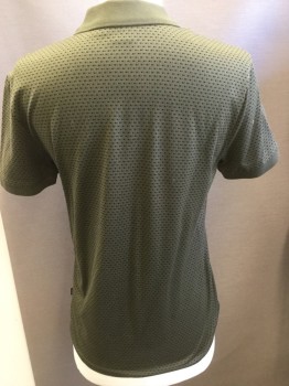 BOSS, Olive Green, Black, Cotton, Polyester, Novelty Pattern, Solid Collar Attached, Olive with Micro Black Rectangle Print, Short Sleeves,