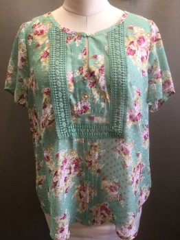 Womens, Top, DANIEL RAINN, Mint Green, Red Burgundy, White, Olive Green, Polyester, Floral, Dots, L, Mint with Burgundy/White/Olive Floral, Polka Dot Texture, Sheer Chiffon, Short Sleeves, Round Neck with 1 Button Closure at Center Front, Keyhole Detail, Mint Green Crochet Lacework Detail at Front, High/Low Hem, **Barcode Behind Front Placket