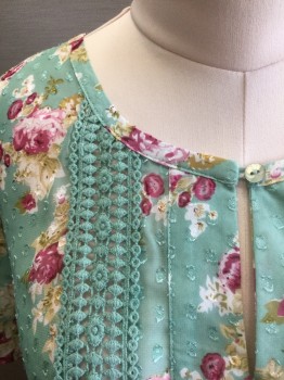 DANIEL RAINN, Mint Green, Red Burgundy, White, Olive Green, Polyester, Floral, Dots, Mint with Burgundy/White/Olive Floral, Polka Dot Texture, Sheer Chiffon, Short Sleeves, Round Neck with 1 Button Closure at Center Front, Keyhole Detail, Mint Green Crochet Lacework Detail at Front, High/Low Hem, **Barcode Behind Front Placket