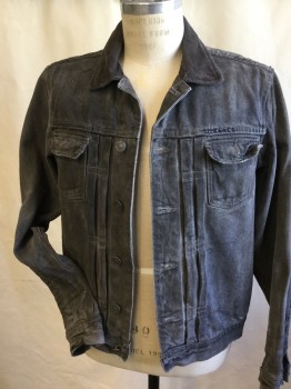 Mens, Casual Jacket, ALL SAINTS, Gray, Cotton, Solid, M, Gray Denim, Aged, Corduroy Collar Attached, Silver Button Front, Long Sleeves, 2 Pockets with Flaps, 4 Pleat Front Centers