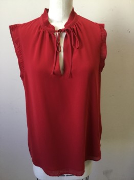 H&M, Red, Polyester, Solid, Polka Dots, Fan Pleat Ruffled Stand Up Collar/butterfly Sleeves, V Slit with Tie, Self Micro Square Dots