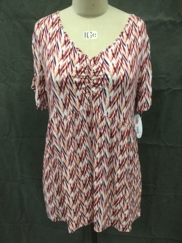 BOUTIQUE, White, Maroon Red, Dk Red, Apricot Orange, Rayon, Spandex, Stripes, Abstract , Criss-Cross Stripe Pattern, V-neck, Gathered at Center Front, Gathered at Rounded Empire Waist, Short Sleeves, Sleeves Tie Gathered