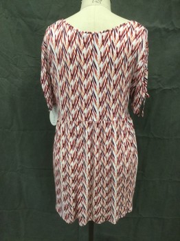 Womens, Top, BOUTIQUE, White, Maroon Red, Dk Red, Apricot Orange, Rayon, Spandex, Stripes, Abstract , 2X, Criss-Cross Stripe Pattern, V-neck, Gathered at Center Front, Gathered at Rounded Empire Waist, Short Sleeves, Sleeves Tie Gathered