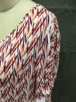 Womens, Top, BOUTIQUE, White, Maroon Red, Dk Red, Apricot Orange, Rayon, Spandex, Stripes, Abstract , 2X, Criss-Cross Stripe Pattern, V-neck, Gathered at Center Front, Gathered at Rounded Empire Waist, Short Sleeves, Sleeves Tie Gathered
