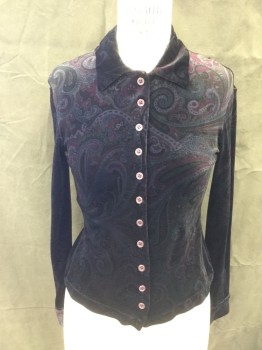 C. C. OUTLAW, Aubergine Purple, Gray, Green, Purple, Cotton, Lycra, Paisley/Swirls, Stretch Velvet, Button Front, Collar Attached, Long Sleeves, Button Cuff