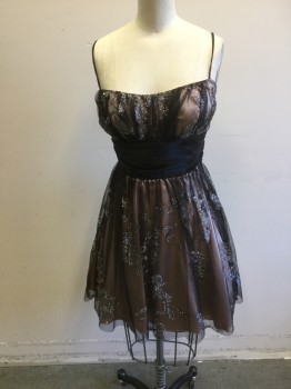 Womens, Cocktail Dress, B. SMART, Black, Lt Pink, Silver, Synthetic, Glitter, Abstract , W24, B30, XXS, Light Pink Poly Satin Base with Black Tulle Overlay. Pattern in Glitter on Black Tulle, Adjustable Skinny Straps. Black Poly Satin Sash at Waist, Zipper Center Back,