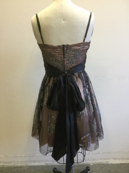 Womens, Cocktail Dress, B. SMART, Black, Lt Pink, Silver, Synthetic, Glitter, Abstract , W24, B30, XXS, Light Pink Poly Satin Base with Black Tulle Overlay. Pattern in Glitter on Black Tulle, Adjustable Skinny Straps. Black Poly Satin Sash at Waist, Zipper Center Back,