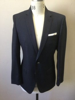 HUGO BOSS, Navy Blue, Wool, Speckled, Solid, Single Breasted, Notched Lapel, 2 Buttons, 3 Pockets, White Faux "Handkerchief" Cotton Panel Sewn on Chest Pocket