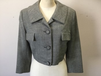 Womens, 1990s Vintage, Suit, Jacket, YOUTHCRAFT, Black, White, Wool, 2 Color Weave, B:36, Specked Weave, 3/4 Sleeve Cropped Blazer, 3 Self Fabric Trimmed Buttons, Boxy Fit, Collar Attached, Padded Shoulders, 2 Bust Pockets, **Was a 1960's Suit That Was Altered in