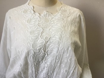 MTO, White, Cotton, Floral, Solid, Batiste, with a Self Floral Embroidery, Scalloped Neck, S/S, with White Lace Inset, One Inch Waist Band, Gathered Skirt, Two Tiered Ruffle,