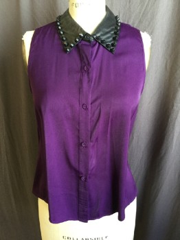 FOX 4, Purple, Silk, Solid, Black Leather Collar Attached, with Black Plastic Studs, Button Front, Sleeveless, Key Hole Back