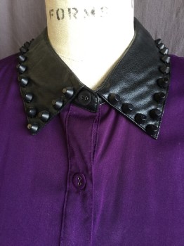 FOX 4, Purple, Silk, Solid, Black Leather Collar Attached, with Black Plastic Studs, Button Front, Sleeveless, Key Hole Back