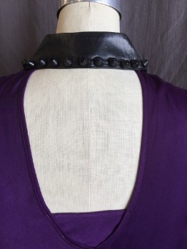 Womens, Blouse, FOX 4, Purple, Silk, Solid, B 34, Black Leather Collar Attached, with Black Plastic Studs, Button Front, Sleeveless, Key Hole Back