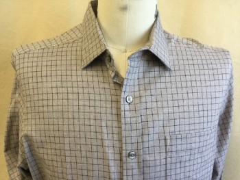 BLACK BROWN, Lt Gray, Black, Cotton, Plaid-  Windowpane, Lt Gray with Square Broken Black Line, Collar Attached, Button Front, 1 Pocket, Long Sleeves,