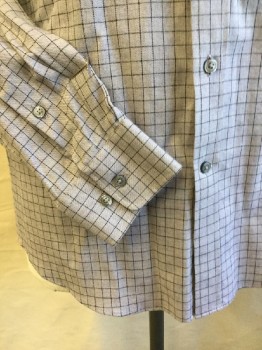BLACK BROWN, Lt Gray, Black, Cotton, Plaid-  Windowpane, Lt Gray with Square Broken Black Line, Collar Attached, Button Front, 1 Pocket, Long Sleeves,