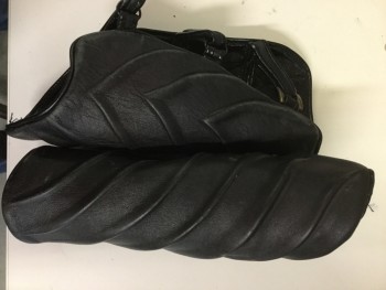 Unisex, Sci-Fi/Fantasy Gauntlets, MTO, Black, Faux Leather, Solid, 11"L, PAIR, Raised Contour Lines, Dull Black Leather Look with Patent Piping, Velcro Straps and D-rings with 1 Brass Buckle Close