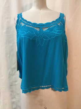 Womens, Top, JENS PIRATE BOOTY, Teal Blue, Rayon, Solid, Floral, S, Teal Blue, Floral Embroiderred, Open Work Trim, Sleeveless