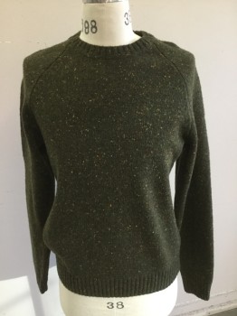 BANANA REPUBLIC, Olive Green, Orange, Sage Green, Yellow, Red, Wool, Speckled, Crew Neck, Olive with Speckled Orange/yellow/sage/red