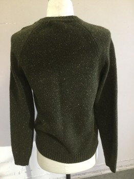 Mens, Pullover Sweater, BANANA REPUBLIC, Olive Green, Orange, Sage Green, Yellow, Red, Wool, Speckled, M, Crew Neck, Olive with Speckled Orange/yellow/sage/red