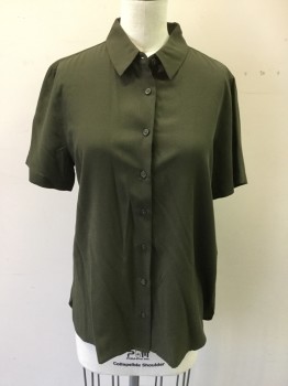 UNIQLO, Forest Green, Rayon, Polyester, Solid, Button Front, Collar Attached, Short Sleeves