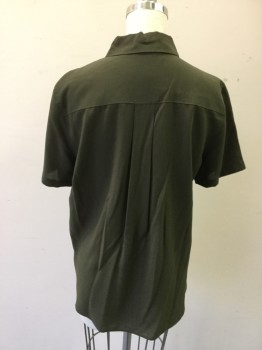 UNIQLO, Forest Green, Rayon, Polyester, Solid, Button Front, Collar Attached, Short Sleeves