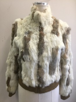Womens, Casual Jacket, WILSON'S LEATHER MAX, Ivory White, Brown, Gray, Fur, Polyester, L, Ivory, Brown and Gray Rabbit Fur Pelt Covered, Zip Front, Brown Rib Knit Cuffs and Waist, Brown Lining, **Rib Knit is Worn/Holey in Spots