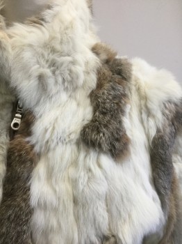 Womens, Casual Jacket, WILSON'S LEATHER MAX, Ivory White, Brown, Gray, Fur, Polyester, L, Ivory, Brown and Gray Rabbit Fur Pelt Covered, Zip Front, Brown Rib Knit Cuffs and Waist, Brown Lining, **Rib Knit is Worn/Holey in Spots