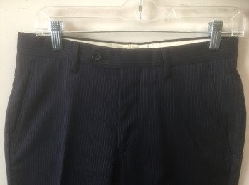 Mens, Suit, Pants, BROOKS BROTHERS, Navy Blue, White, Wool, Stripes - Pin, In:29+, W:30, Navy with White Dotted Pinstripes, Flat Front, Button Tab Waist, Zip Fly, 4 Pockets
