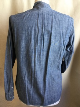 J. CREW, Blue, Cotton, Solid, (DOUBLE)  Blue Chambray, Collar Attached with Button Down,  Button Front, 1 Pocket, Long Sleeves,