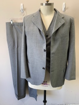 SIAM COSTUMES , Gray, White, Wool, Stripes - Pin, Single Breasted, Notched Lapel, 3 Buttons, 3 Pockets, Made To Order, Sack Suit