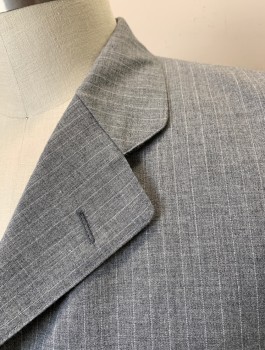 SIAM COSTUMES , Gray, White, Wool, Stripes - Pin, Single Breasted, Notched Lapel, 3 Buttons, 3 Pockets, Made To Order, Sack Suit