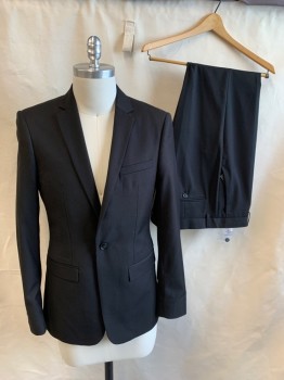 TOPMAN, Black, Polyester, Viscose, Solid, Single Breasted, Collar Attached, Notched Lapel, 3 Pockets, 1 Button