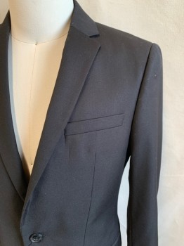 TOPMAN, Black, Polyester, Viscose, Solid, Single Breasted, Collar Attached, Notched Lapel, 3 Pockets, 1 Button