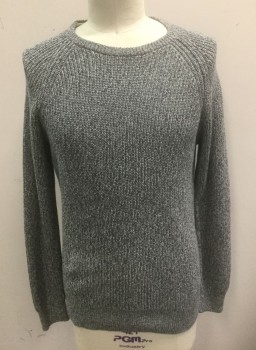 Mens, Pullover Sweater, J.CREW, Heather Gray, Cotton, Speckled, L, Ribbed Knit with Various Shades of Gray Yarns, Long Sleeves, Raglan Sleeves, Wide/Stretched Out Crew Neck