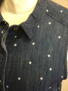 UNIVERSAL THREAD, Blue, White, Cotton, Stars, Denim with White Star Print Sleeveless Button Front, Collar Attached