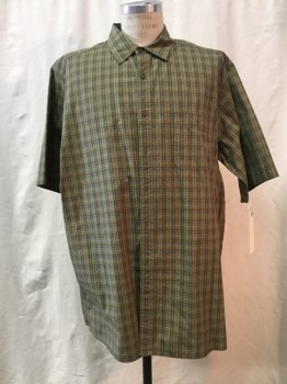 TERRITORY AHEAD, Olive Green, Green, Chartreuse Green, Beige, Cotton, Plaid, Button Front, Collar Attached, Short Sleeves, 1 Pocket,