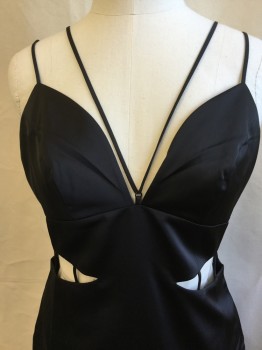 KENDALL & KYLIE, Black, Polyester, Solid, Deep V-neck, Cut Out with Spaghetti Straps Detail Work, 3/4 Length, with High Split Center Back Hem, Zip Back