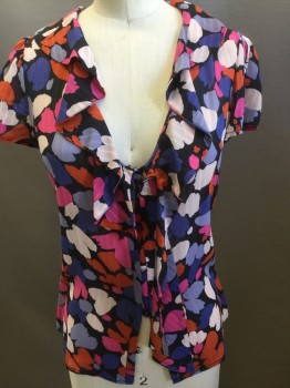 MARC JACOBS, Periwinkle Blue, Purple, Pink, Lt Pink, Black, Silk, Floral, Stripes, Flutter Ruffled Collar, V-neck with Tie, Short Sleeves, Button Front,