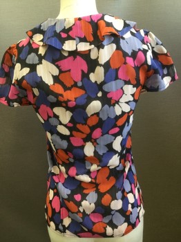 MARC JACOBS, Periwinkle Blue, Purple, Pink, Lt Pink, Black, Silk, Floral, Stripes, Flutter Ruffled Collar, V-neck with Tie, Short Sleeves, Button Front,