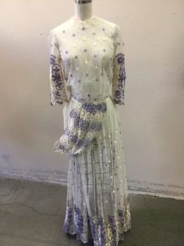 MTO, Ivory White, Lavender Purple, Polyester, Floral, Crew Neck with Lace Trim, Sheer Mesh,  Lavender and Ivory Lace 3/4 Sleeves and Panel Sash at Waist, Floating Balloon Pattern,