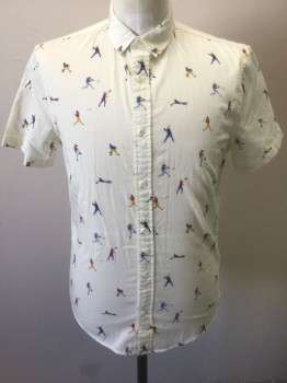 Mens, Casual Shirt, 1901, Cream, Multi-color, Cotton, Novelty Pattern, Human Figure, S, Cream with Primary Color Baseball Players Pattern, Short Sleeve Button Front, Collar Attached, Has a Double
