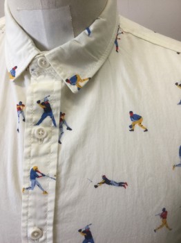 Mens, Casual Shirt, 1901, Cream, Multi-color, Cotton, Novelty Pattern, Human Figure, S, Cream with Primary Color Baseball Players Pattern, Short Sleeve Button Front, Collar Attached, Has a Double