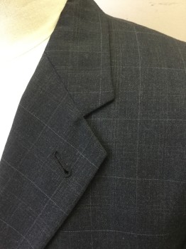 JOSEPH ABBOUD, Charcoal Gray, Lt Gray, Wool, Polyester, Plaid-  Windowpane, Charcoal with Thin Light Gray Windowpane Lines, Single Breasted, Notched Lapel, 3 Buttons,  3 Pockets