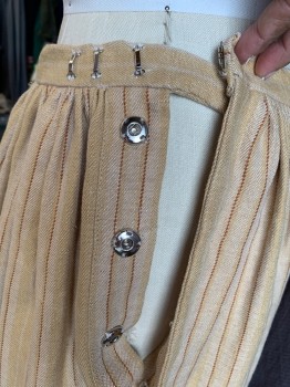 Womens, Historical Fiction Skirt, MTO, Gold, Lt Brown, Beige, Rust Orange, Cotton, Linen, Stripes - Vertical , W:28, Gathered with 1" Waistband, Snap & Hook Side Closure, Floor Length