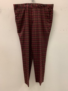 Mens, Casual Pants, TOPMAN, Red Burgundy, Brown, Black, Polyester, Cotton, Plaid, 30.5, 36/, Slant Pockets, Zip Front, Flat Front