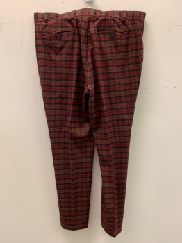 Mens, Casual Pants, TOPMAN, Red Burgundy, Brown, Black, Polyester, Cotton, Plaid, 30.5, 36/, Slant Pockets, Zip Front, Flat Front